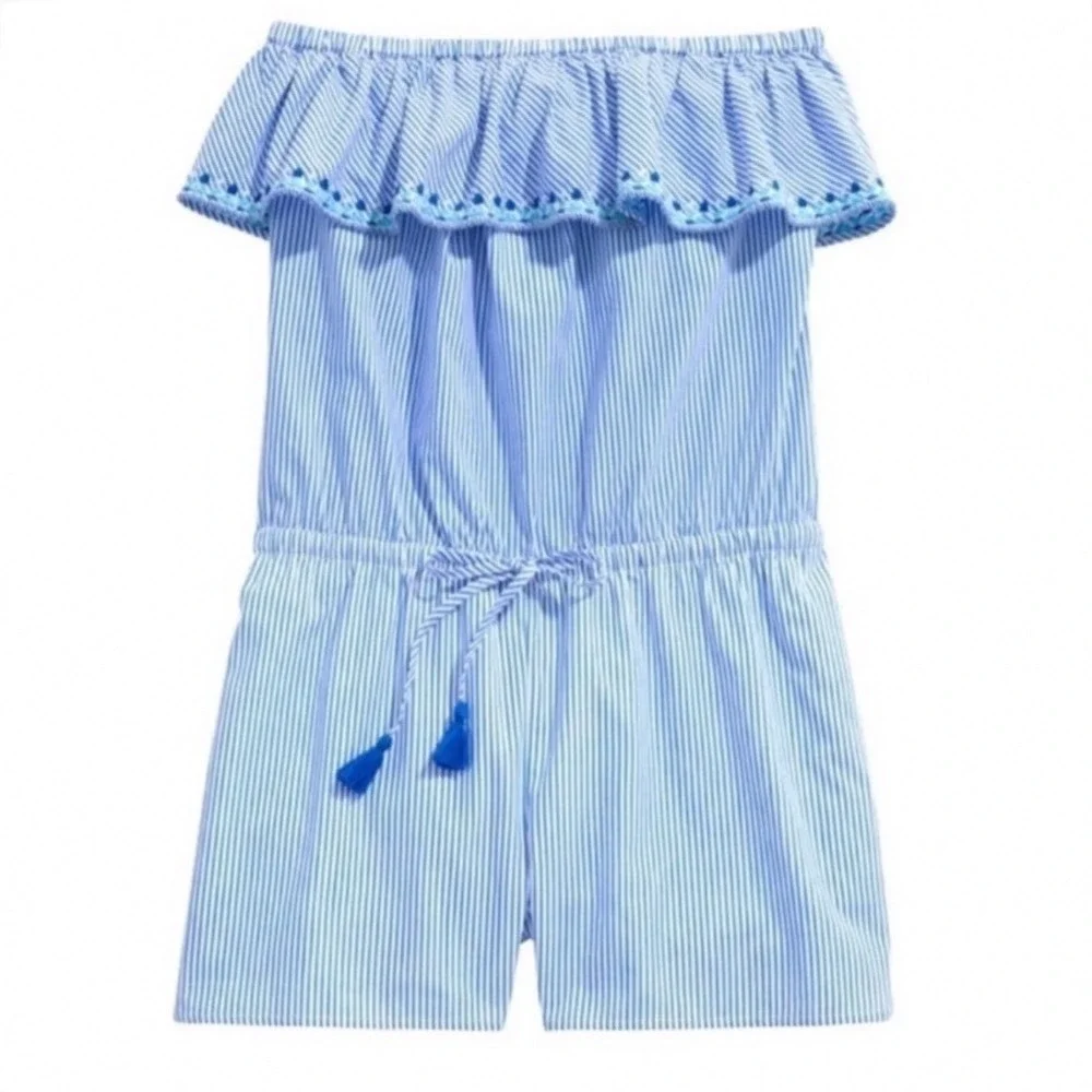 Vineyard Vines Women Small Blue White Seersucker Off‎ Shoulder Ruffle Romper